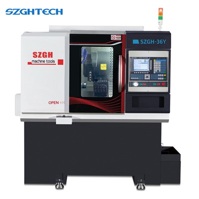 The SZGH-36Y is based on the SZGH-36 CNC lathe, with two live tools mounted on the Y-axis to enable turning-milling compound functionality. This configuration supports 6 rows of cutters and 4 side milling operations, making it ideal for machining workpieces that require drilling, tapping, and slotting on the sides. By completing the entire process in a single setup, it eliminates the error associated with second clamping. Additionally, the reduction in processing time and the integration of multiple procedures make it more efficient for a single operator to manage multiple machines, saving labor while improving automation and processing accuracy. It is suitable for processing bars up to 35mm and pellets up to 100mm.